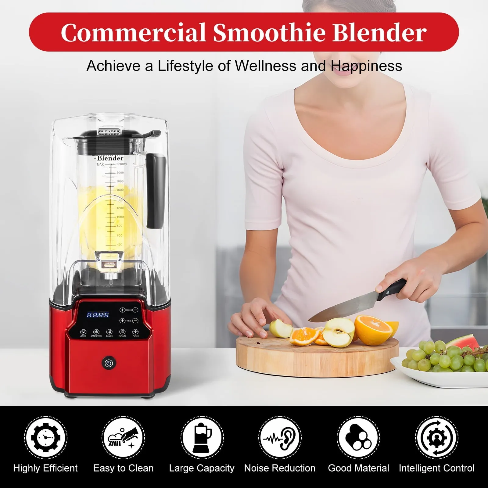 2.2L Quiet Commercial Blender, 2200W Soundproof Blender Kitchen Blender for Crushing Ice Fruit Juicer Smoothie Mixer