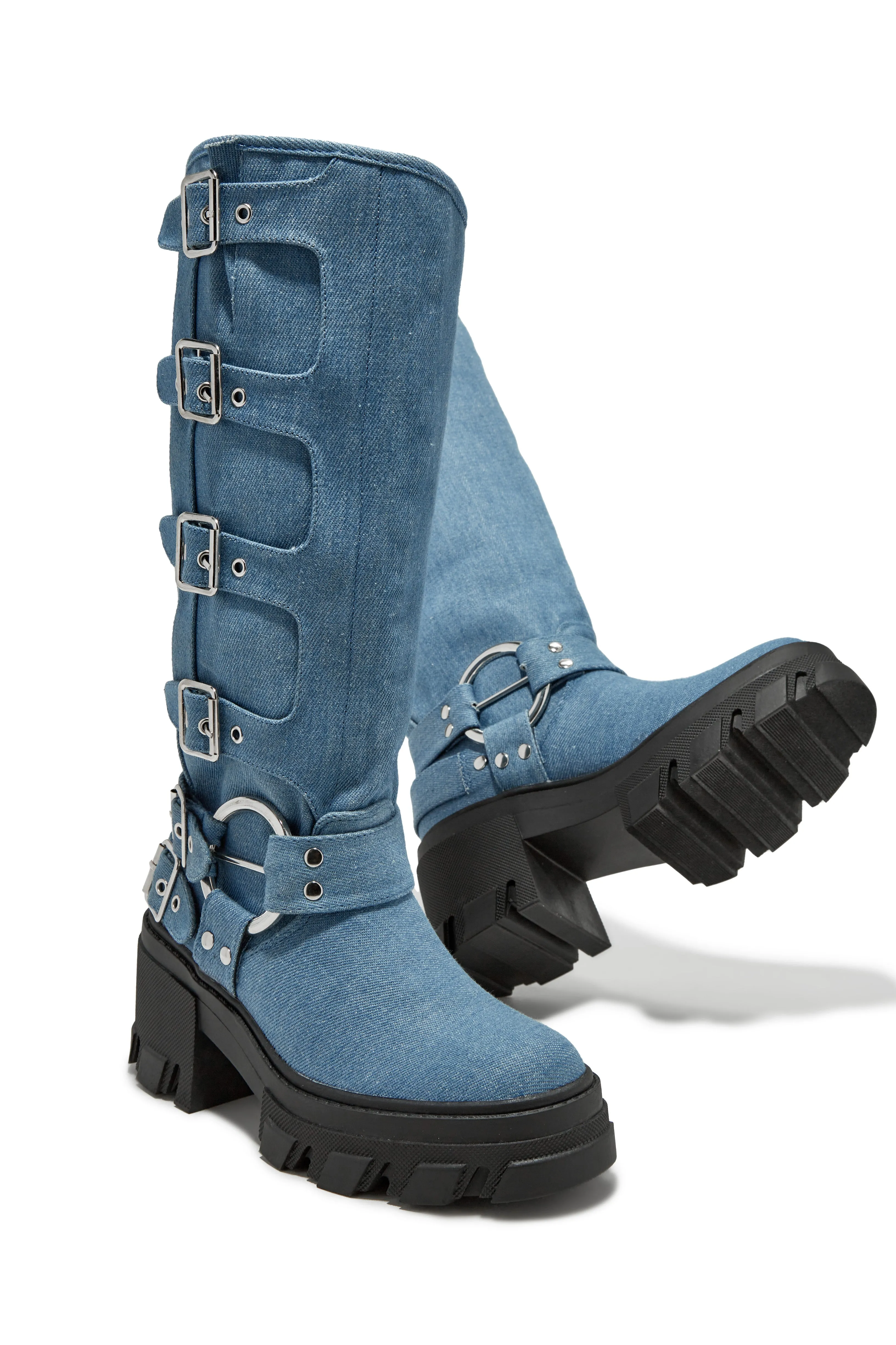 Alix Knee High Buckle Combat Boots - Denim