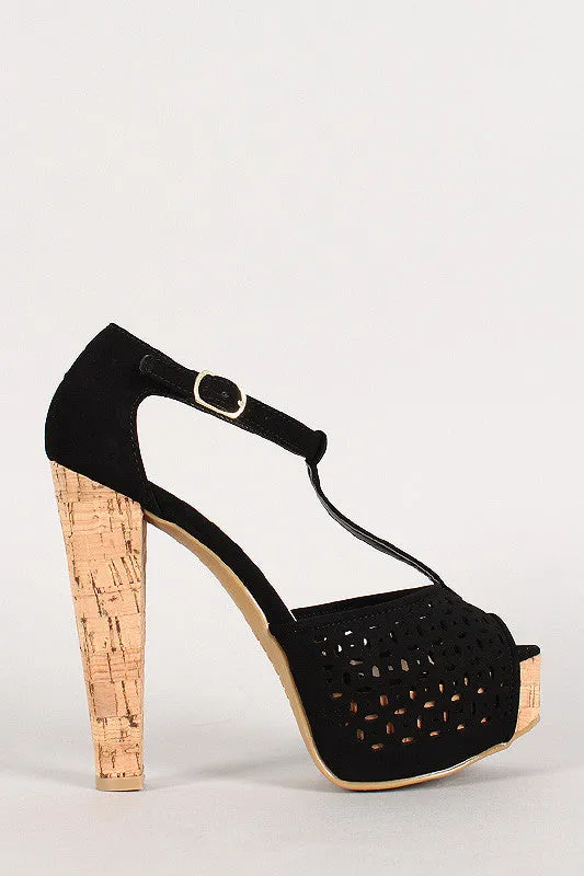 Bamboo Nubuck Perforated T-Strap Cork Platform Heel