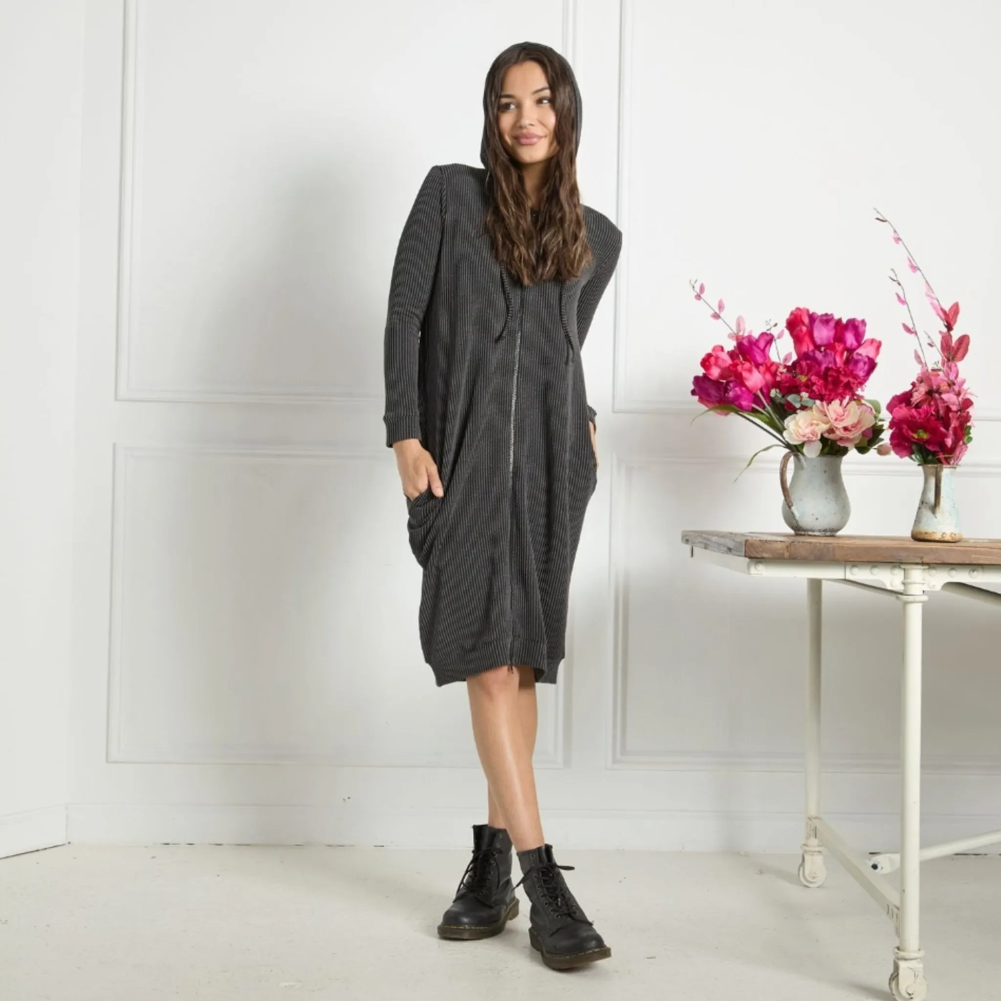 Charcoal Carrie Rib Knit Hoodie Dress