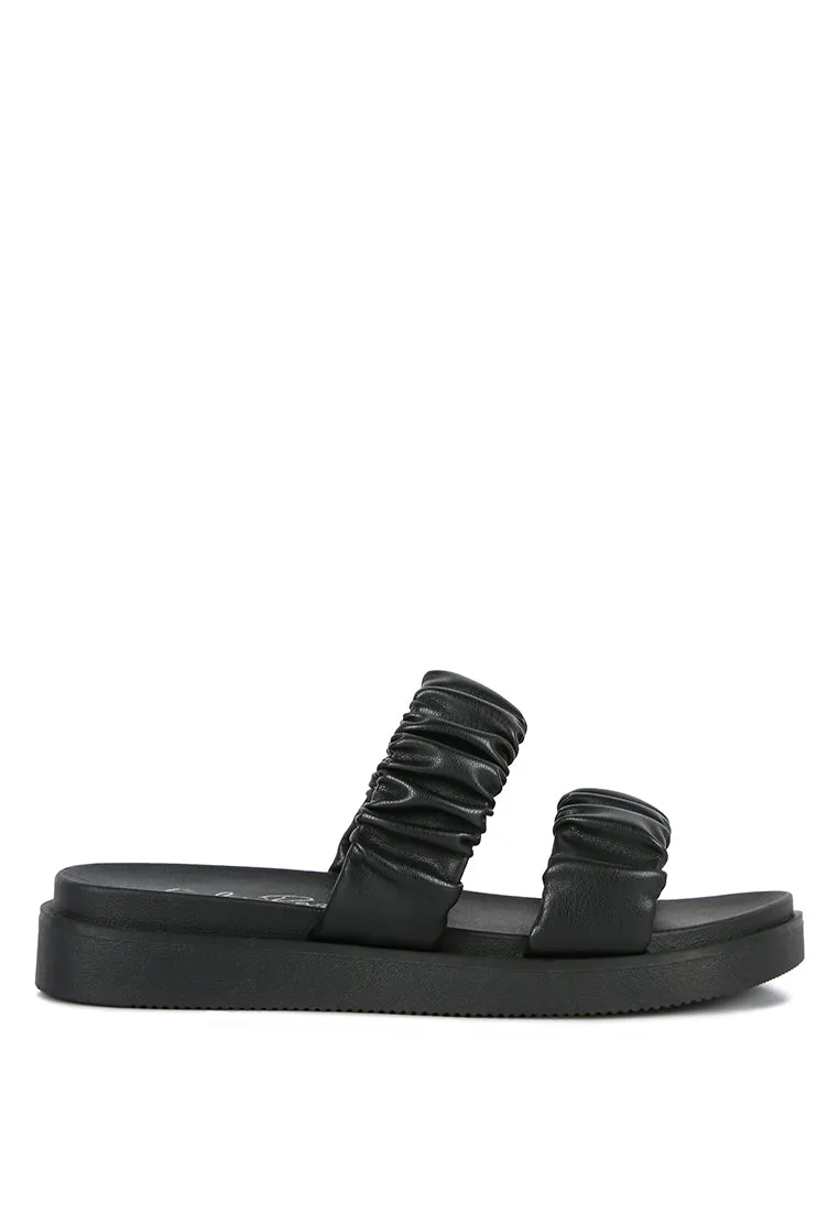 Faux Leather Ruched Strap Platform Sandals By Ruw