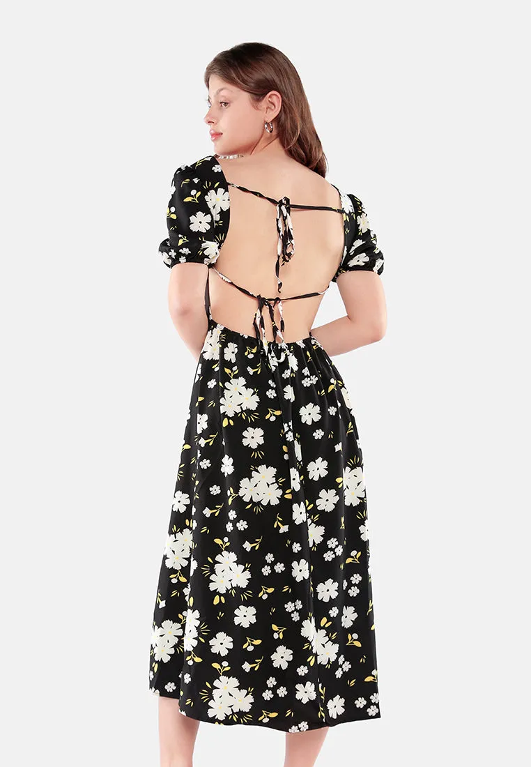 Floral Puff Sleeves Open Back Dress