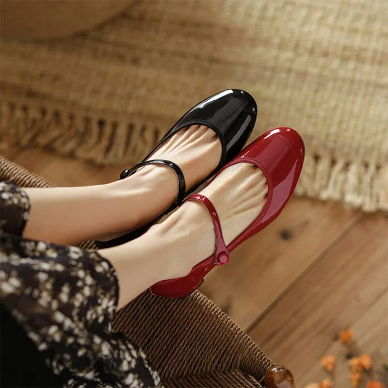 Handmade Leather Strappy Mary Jane Pumps with 30mm Block Heel in Red/Black