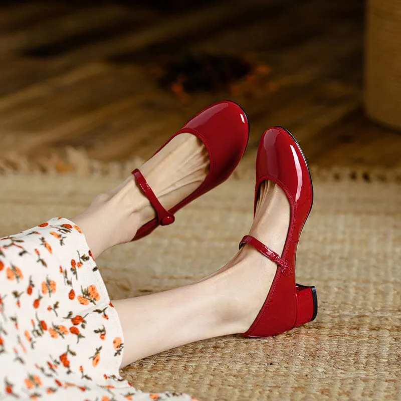 Handmade Leather Strappy Mary Jane Pumps with 30mm Block Heel in Red/Black