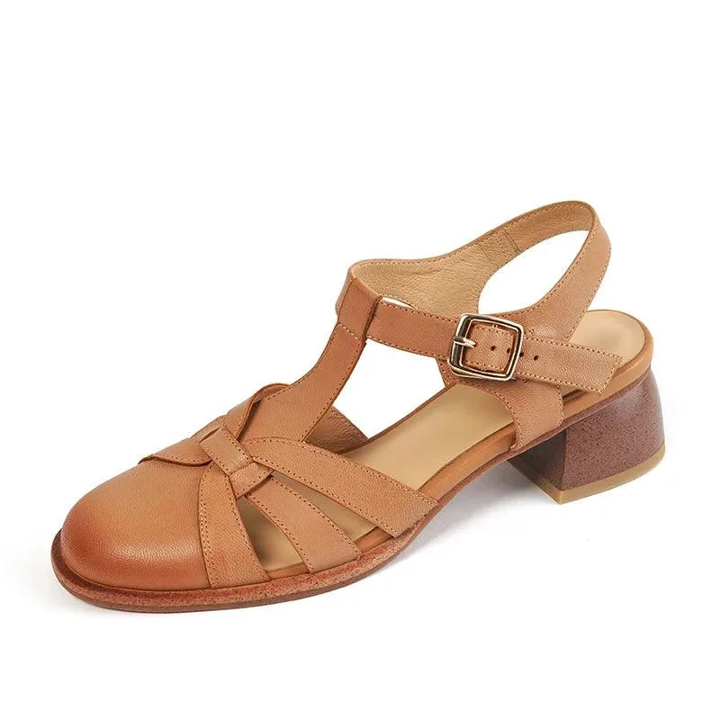 HJCCS119 Women's Casual Shoes - Leather Rome Sandals - Solid Med Heels