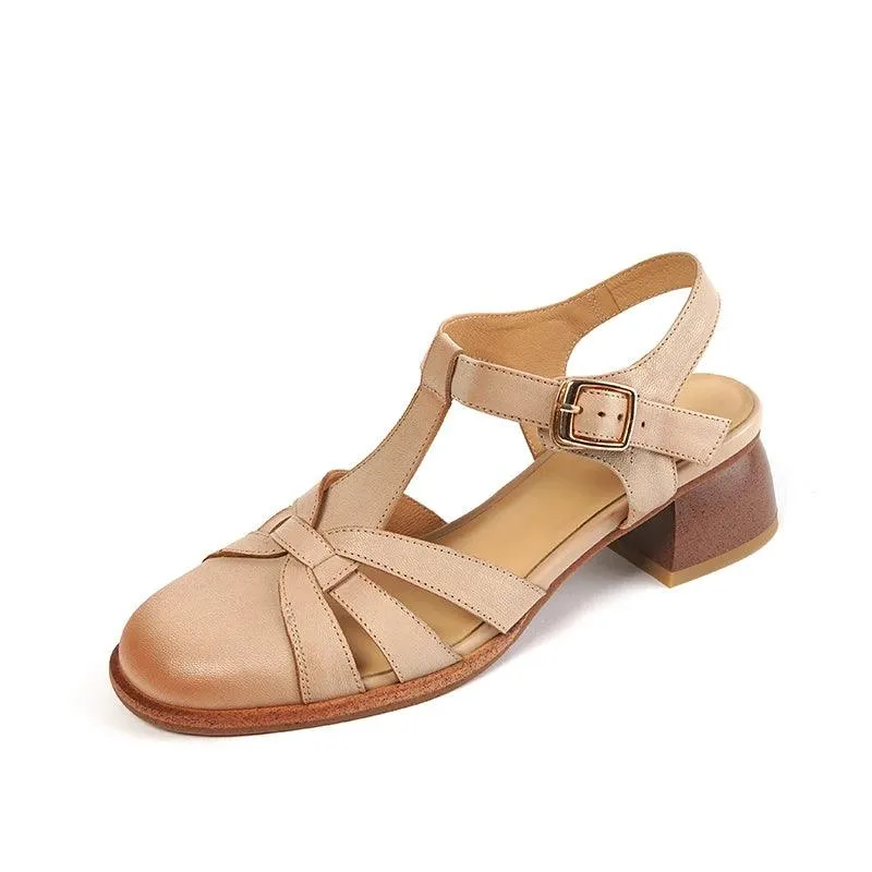 HJCCS119 Women's Casual Shoes - Leather Rome Sandals - Solid Med Heels