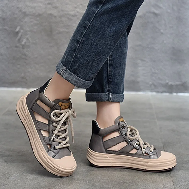 Leather Rubber Toecap Sneakers for Women High-top Lace Up in Yellow/Grey/Green/Beige