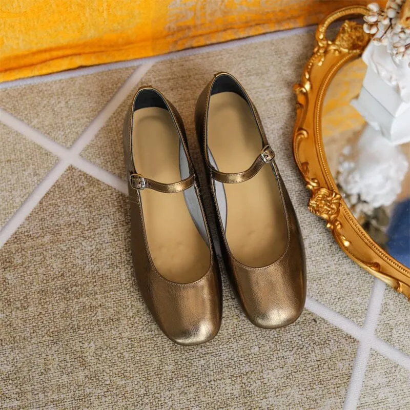 Leather Strappy Mary Jane Pumps Block Heel in Silver/Gold