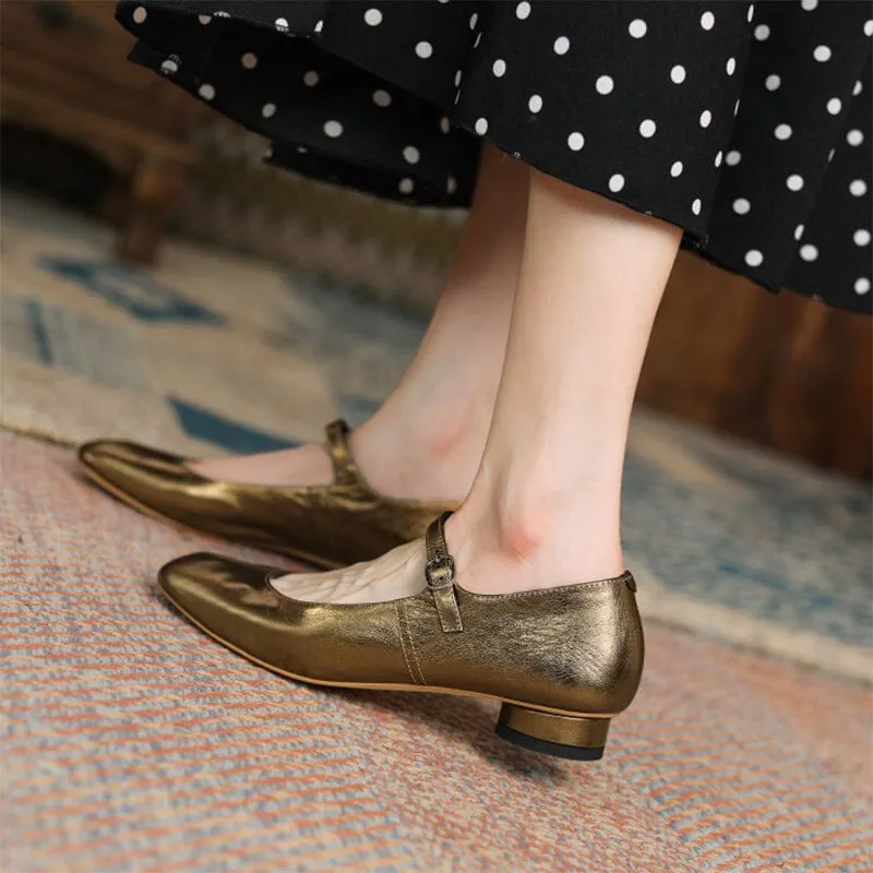 Leather Strappy Mary Jane Pumps Block Heel in Silver/Gold