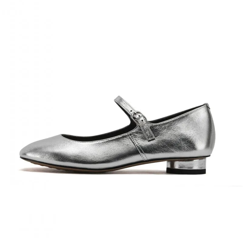 Leather Strappy Mary Jane Pumps Block Heel in Silver/Gold