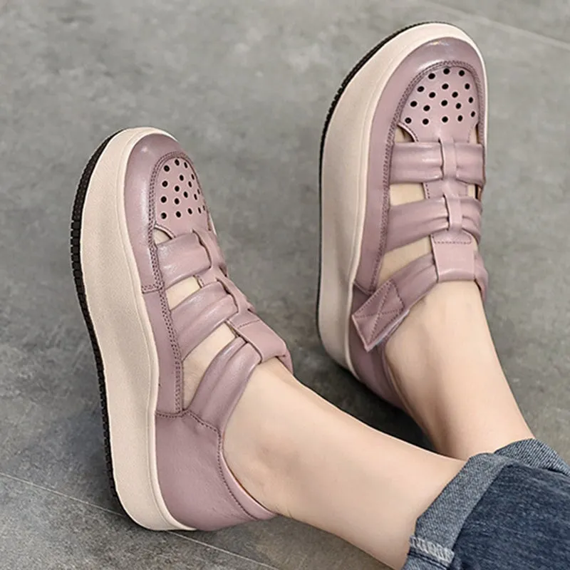 Leather Touch-strap Perforated Platform Sneakers for Women in Beige/Purple/Red