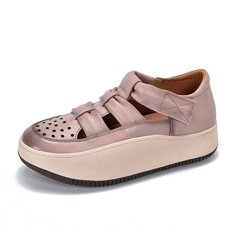 Leather Touch-strap Perforated Platform Sneakers for Women in Beige/Purple/Red