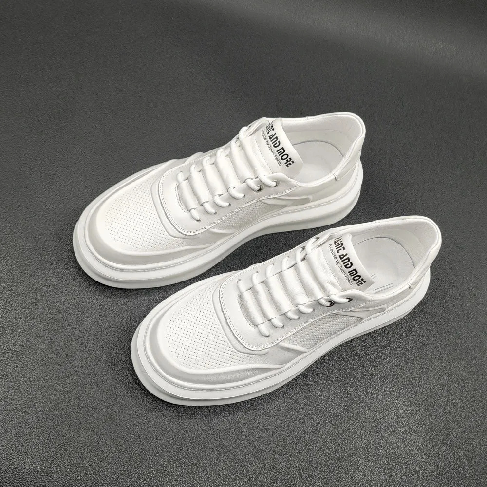 Men Casual Breathable Pure White Leather Sneakers