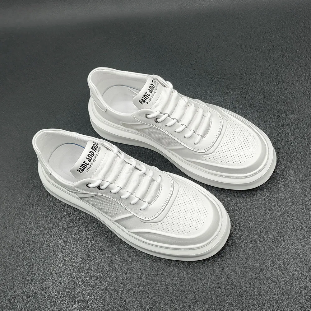 Men Casual Breathable Pure White Leather Sneakers