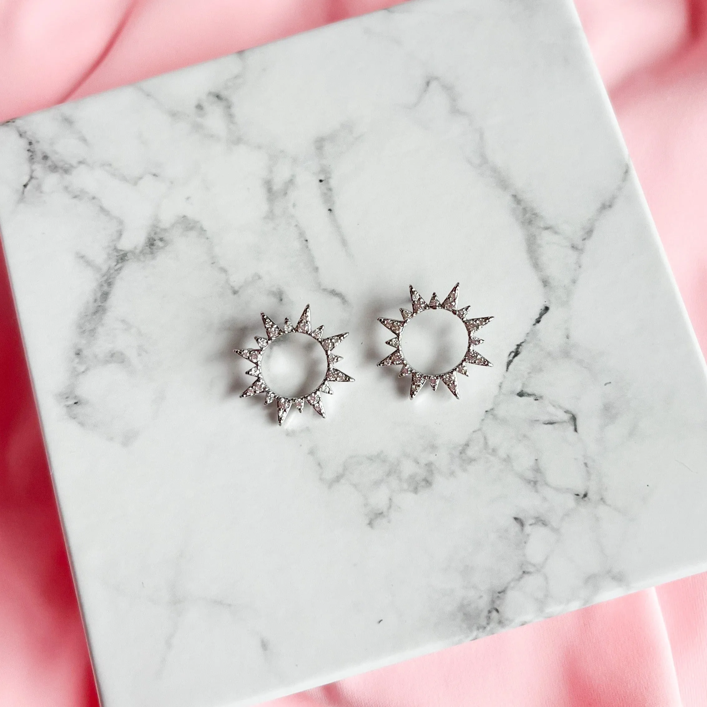 Silver Diamond Sun Stud Earrings