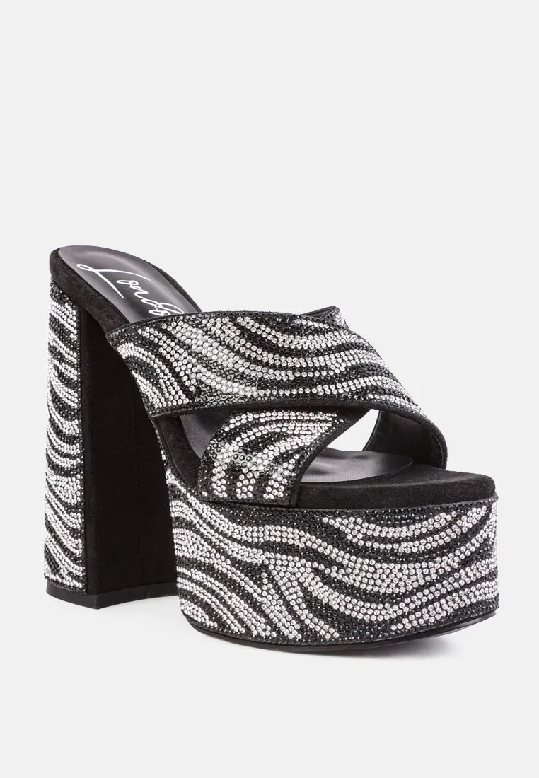 Sinful High Platform Patterned Diamante Slides By Ruw