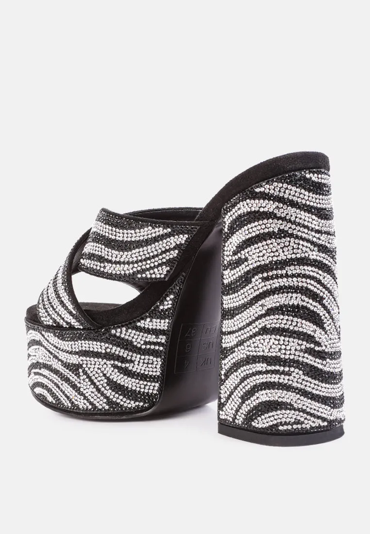 Sinful High Platform Patterned Diamante Slides By Ruw