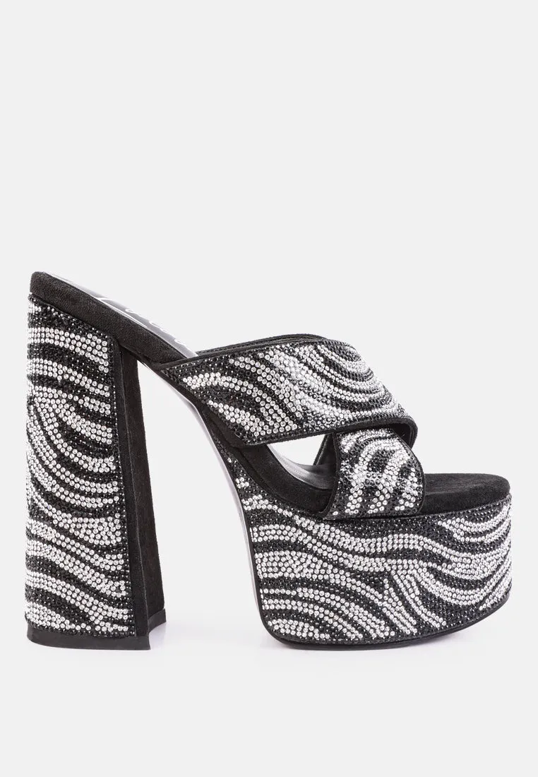 Sinful High Platform Patterned Diamante Slides By Ruw