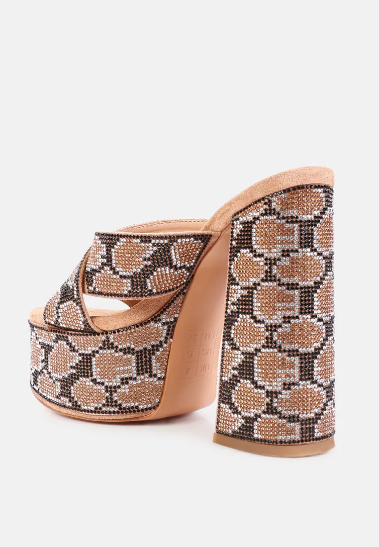 Sinful High Platform Patterned Diamante Slides By Ruw