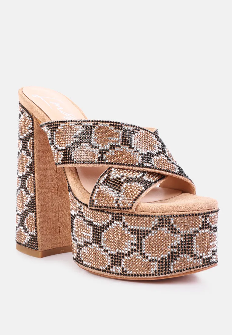 Sinful High Platform Patterned Diamante Slides By Ruw