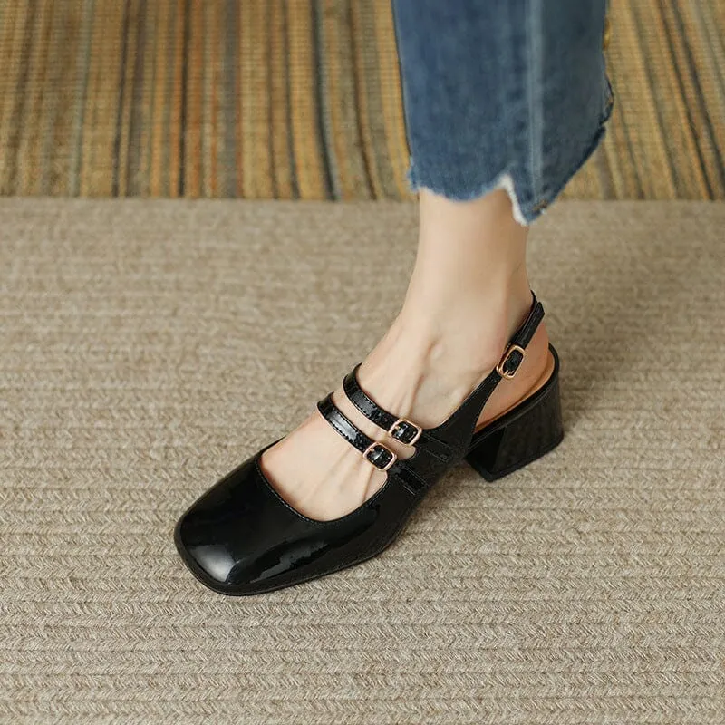 Slingback Leather Mary Jane Pumps Double Strap Block Heel Office Shoes