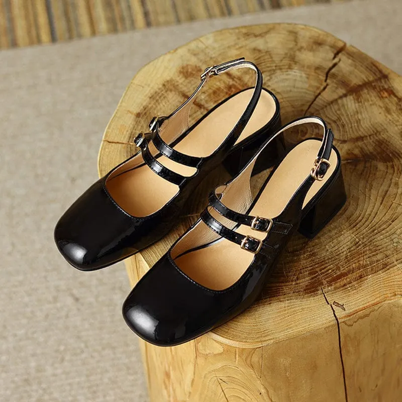 Slingback Leather Mary Jane Pumps Double Strap Block Heel Office Shoes