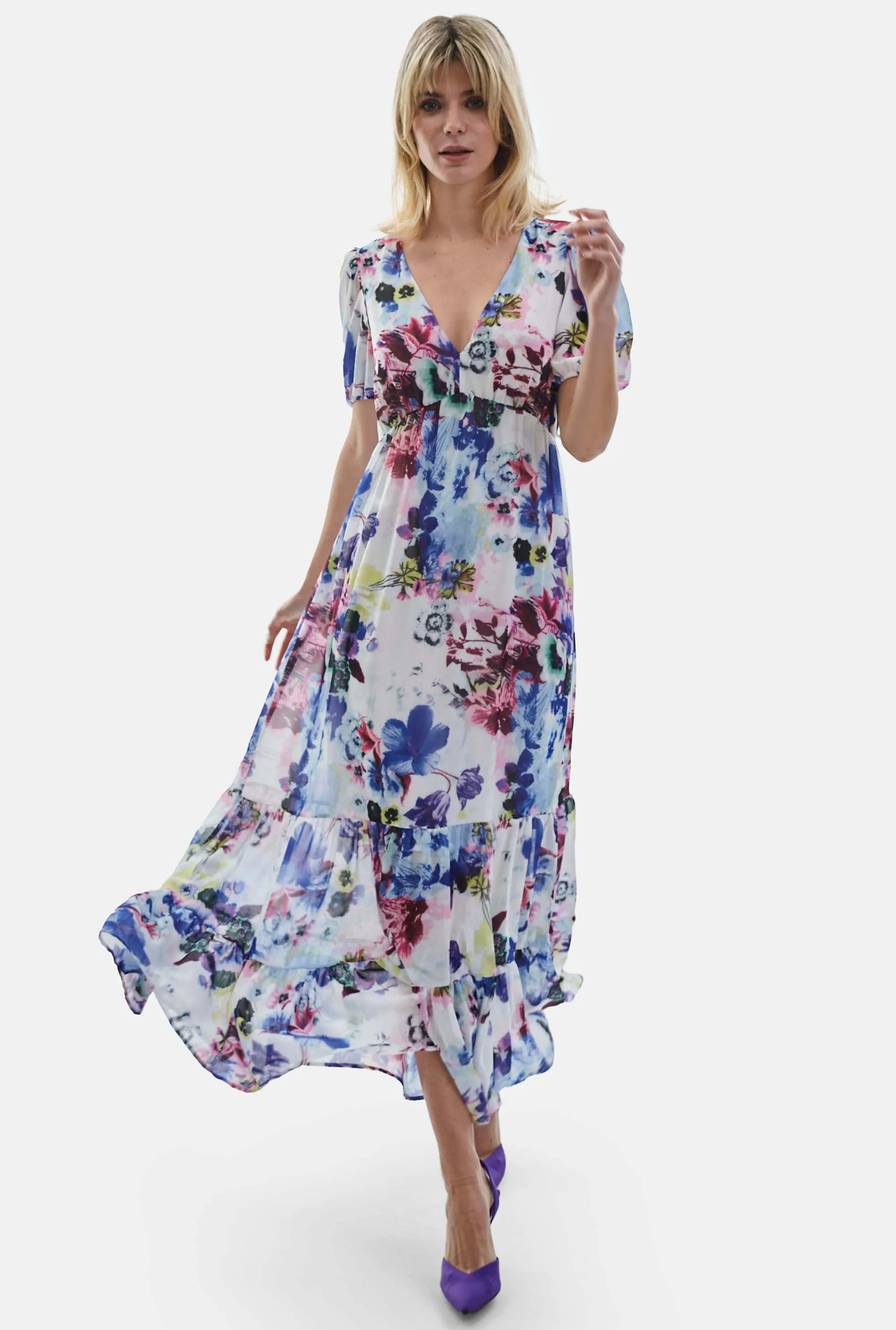 V-neck Floral Midi Dress Blue