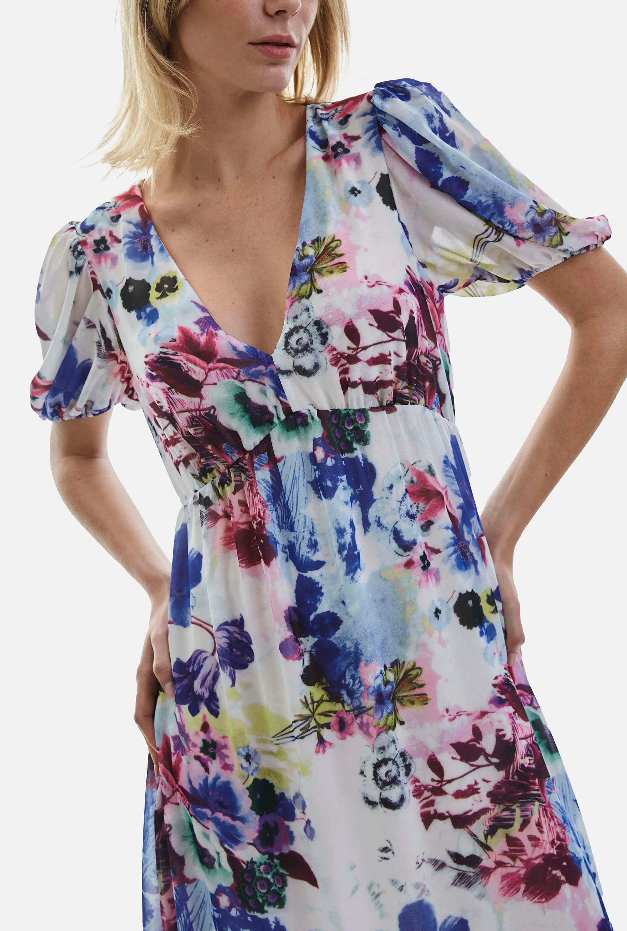 V-neck Floral Midi Dress Blue