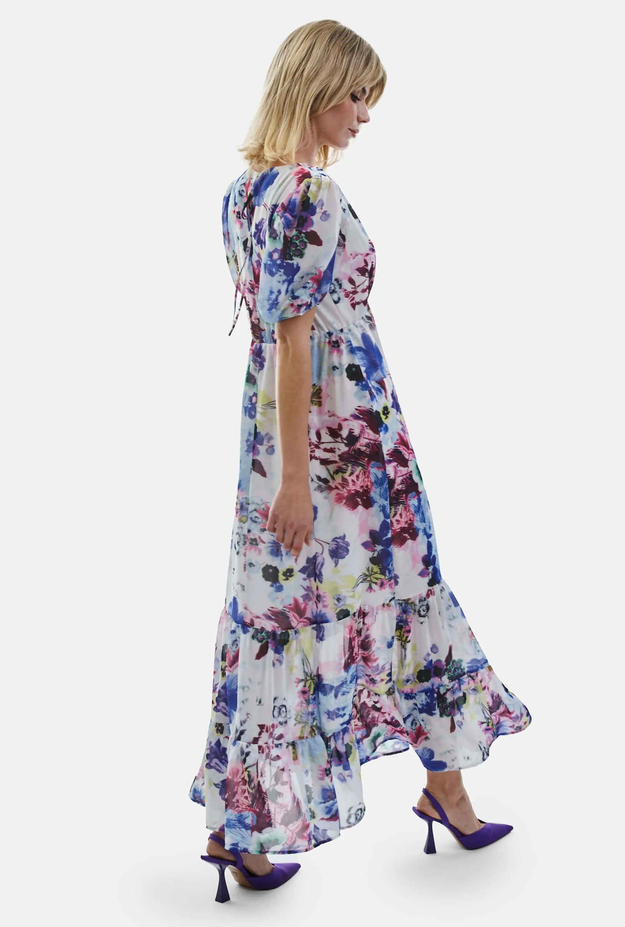 V-neck Floral Midi Dress Blue