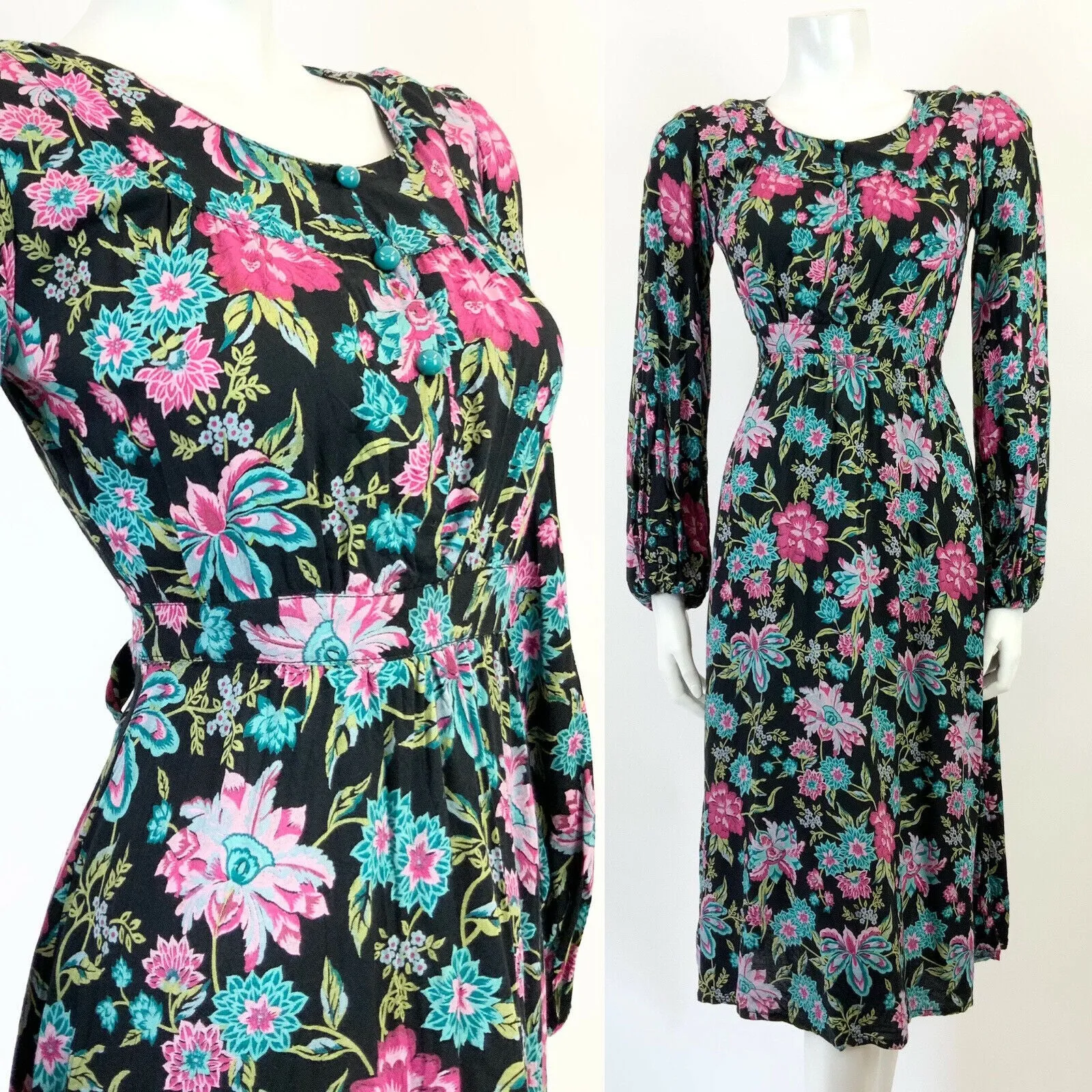 VINTAEG 60s 70s BLACK PINK BLUE GREEN FLORAL BOHO FOLK PUFF SLEEVE DRESS 8