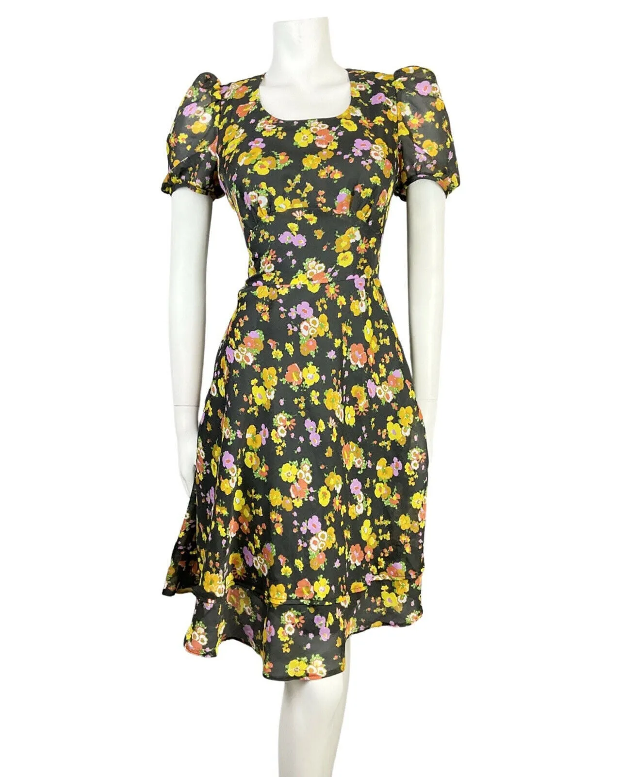 VINTAGE 60s 70s BLACK YELLOW LILAC FLORAL SHEER PUFF SLEEVE SWING DRESS 8