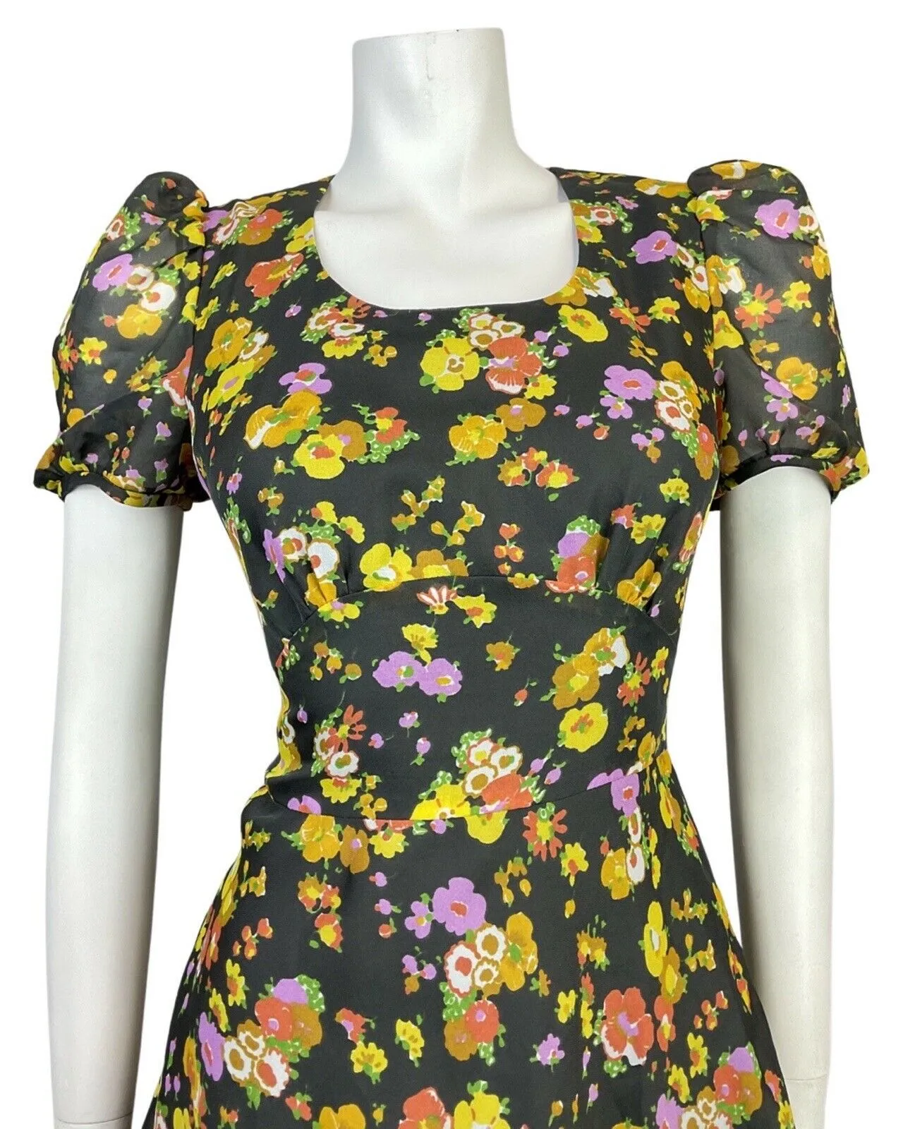 VINTAGE 60s 70s BLACK YELLOW LILAC FLORAL SHEER PUFF SLEEVE SWING DRESS 8