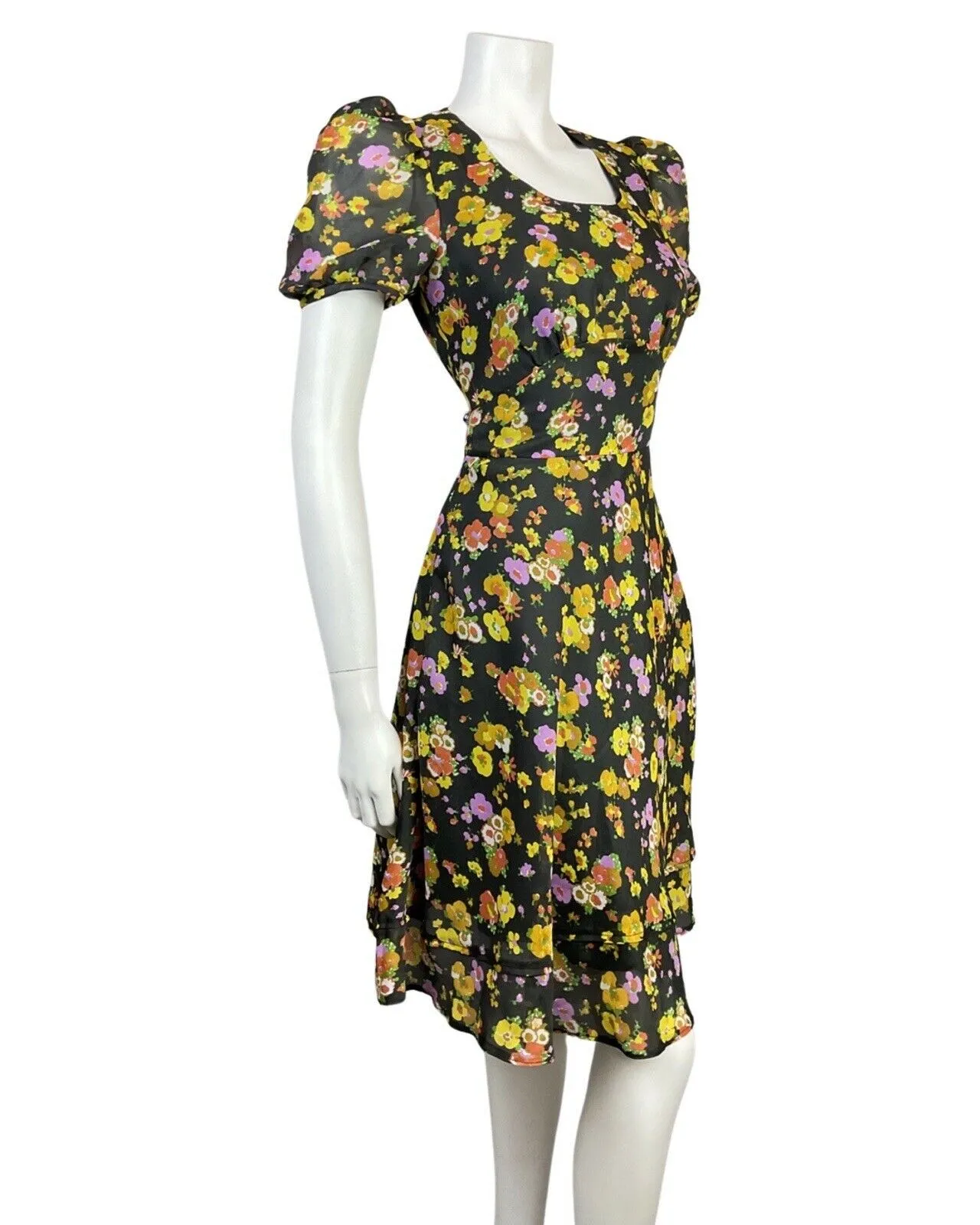 VINTAGE 60s 70s BLACK YELLOW LILAC FLORAL SHEER PUFF SLEEVE SWING DRESS 8