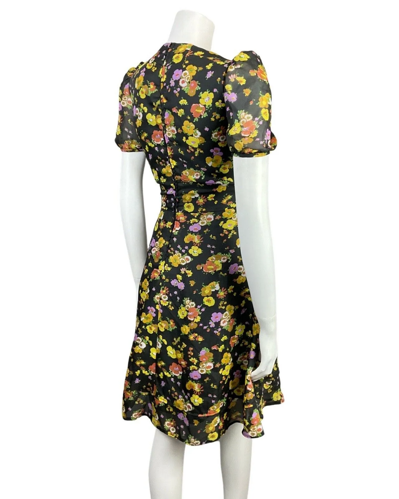 VINTAGE 60s 70s BLACK YELLOW LILAC FLORAL SHEER PUFF SLEEVE SWING DRESS 8