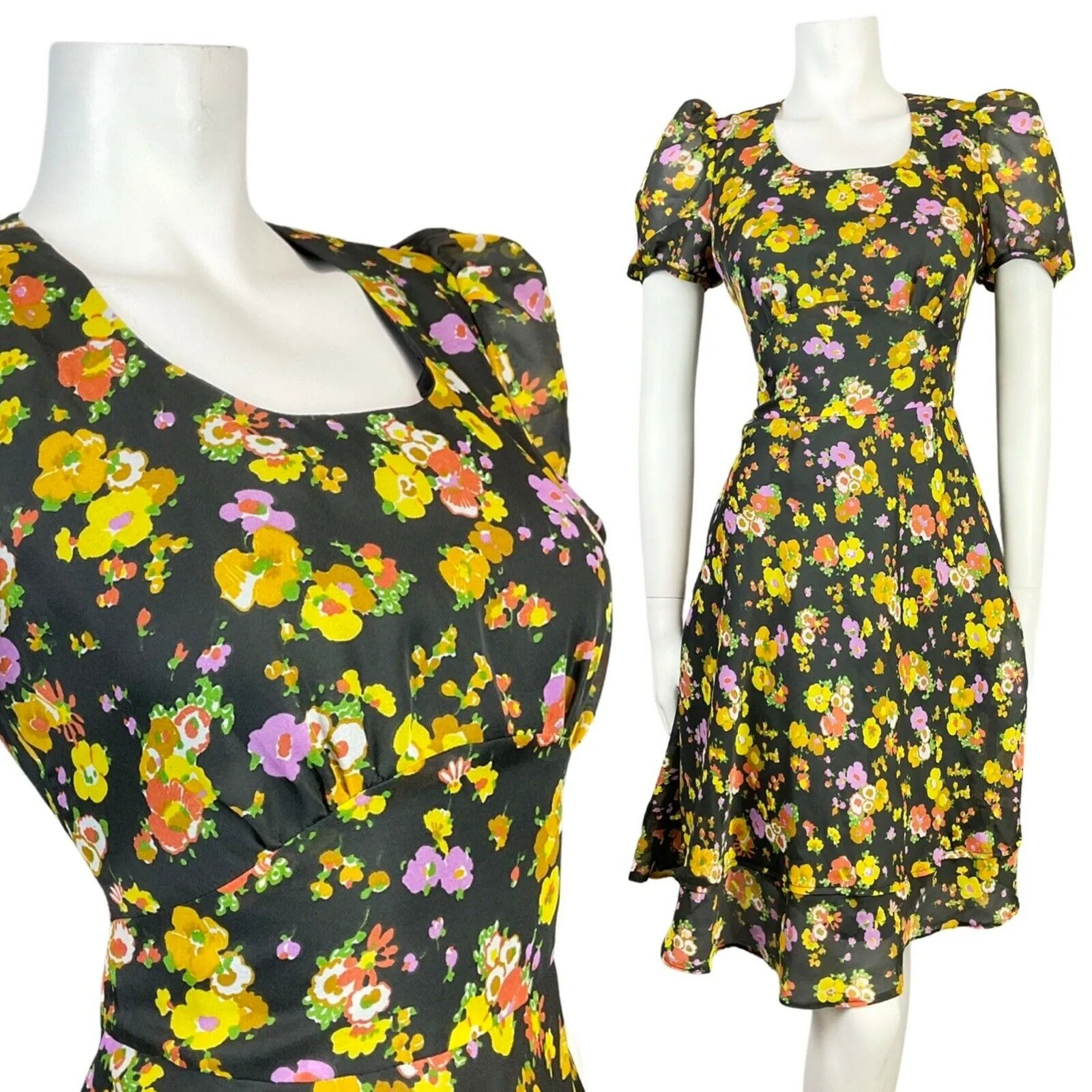 VINTAGE 60s 70s BLACK YELLOW LILAC FLORAL SHEER PUFF SLEEVE SWING DRESS 8