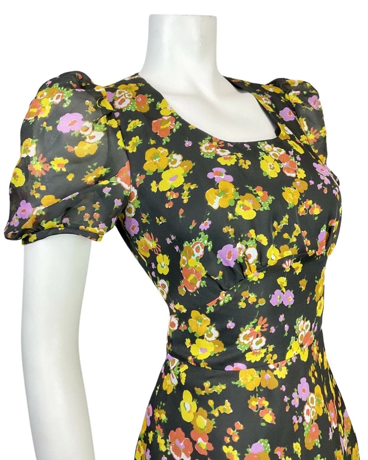 VINTAGE 60s 70s BLACK YELLOW LILAC FLORAL SHEER PUFF SLEEVE SWING DRESS 8