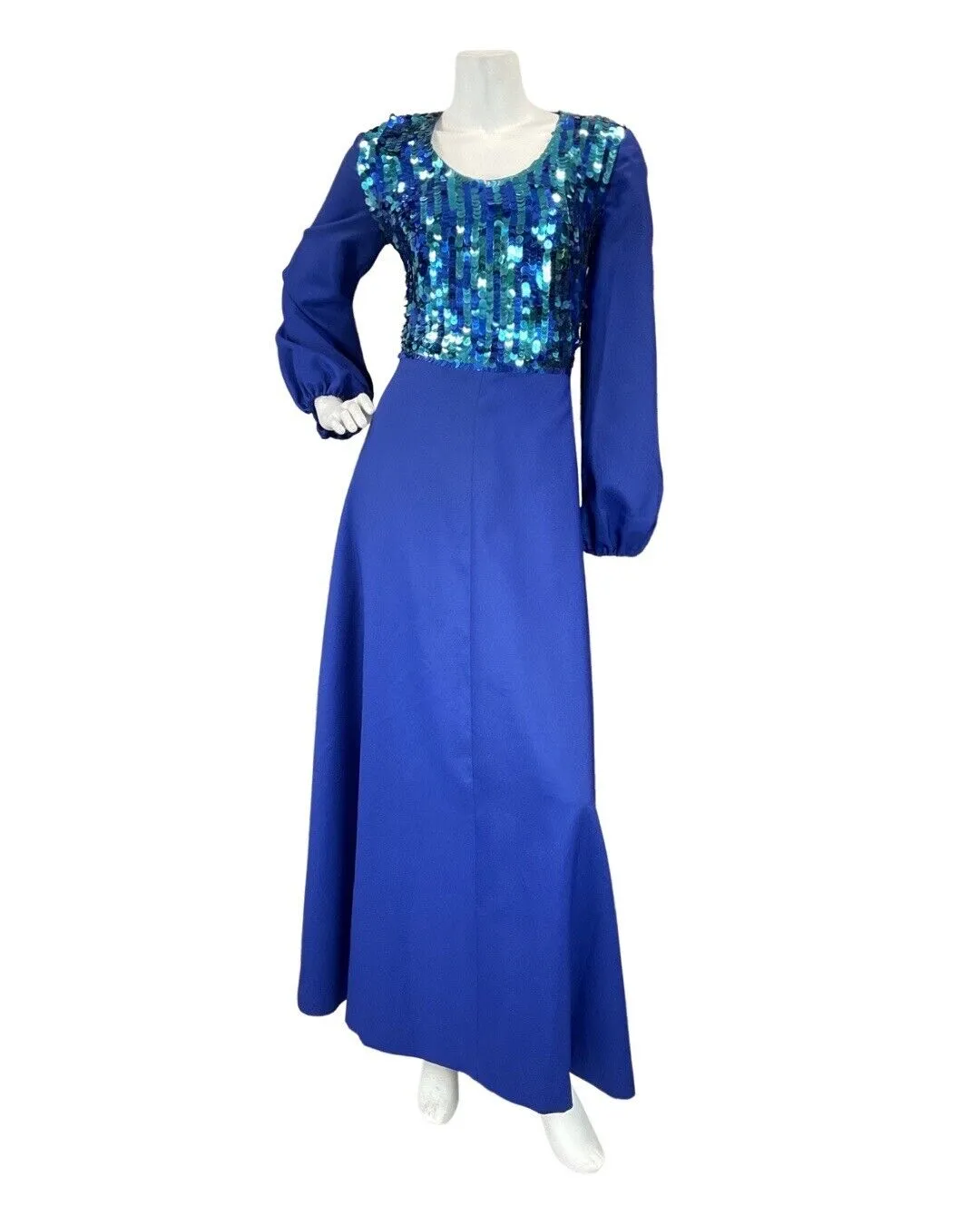 VINTAGE 60s 70s BLUE GREEN SEQUIN DISCO PARTY STUDIO 54 MAXI DRESS GOWN 12