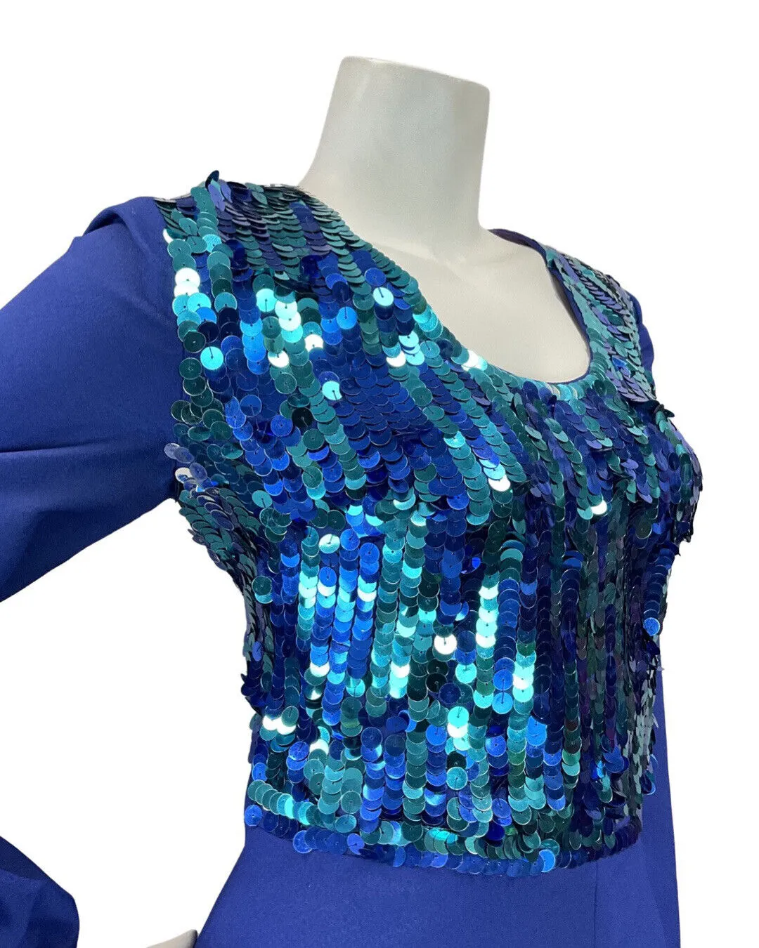 VINTAGE 60s 70s BLUE GREEN SEQUIN DISCO PARTY STUDIO 54 MAXI DRESS GOWN 12