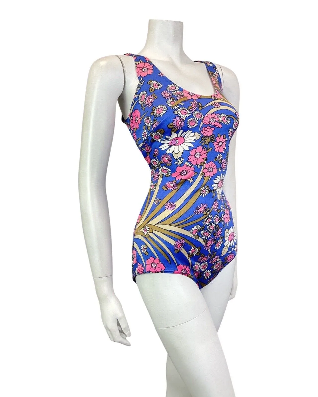 VINTAGE 60s 70s BLUE PINK BEIGE FLORAL DAISY MOD SWIMSUIT BODYSUIT 12 14