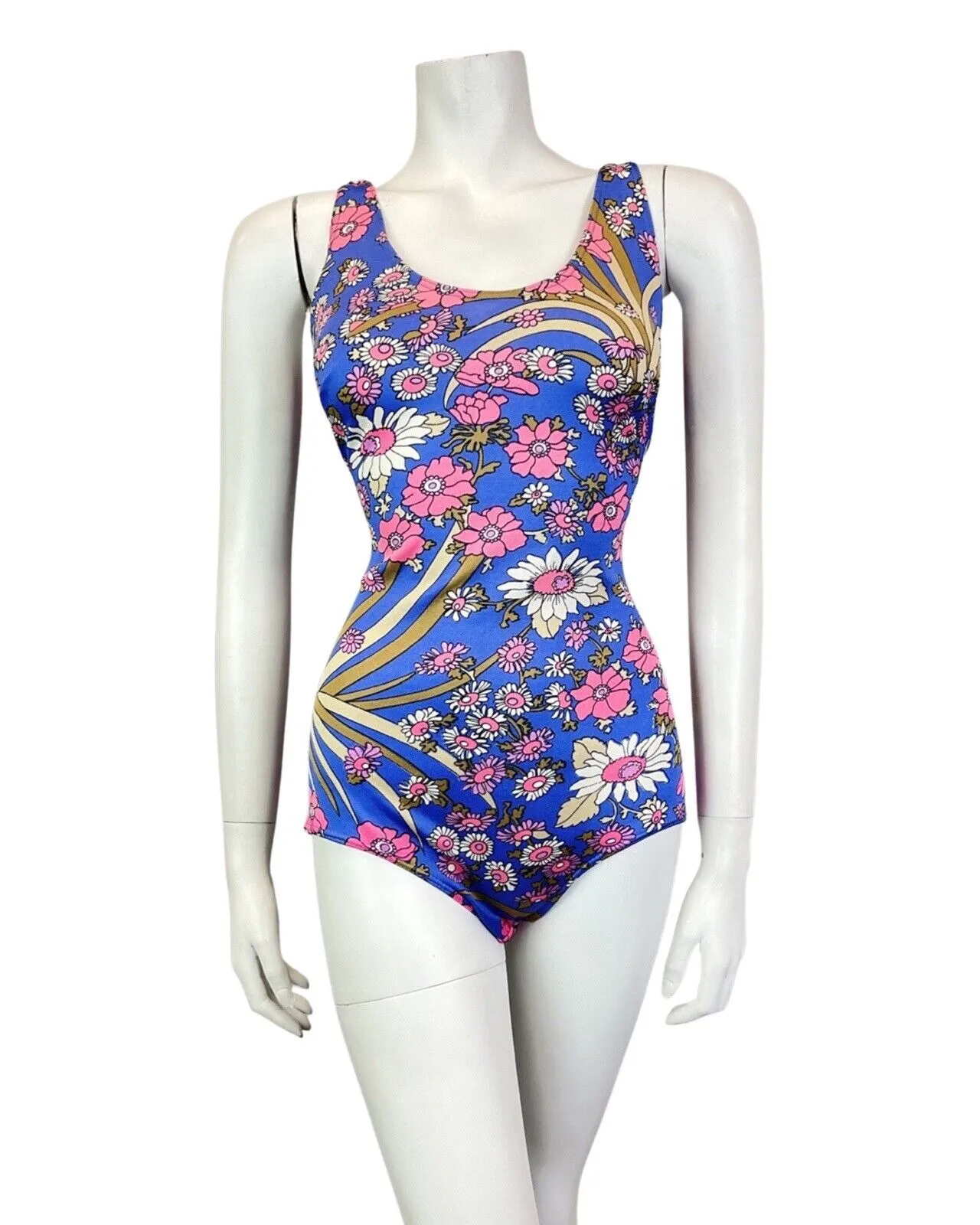 VINTAGE 60s 70s BLUE PINK BEIGE FLORAL DAISY MOD SWIMSUIT BODYSUIT 12 14