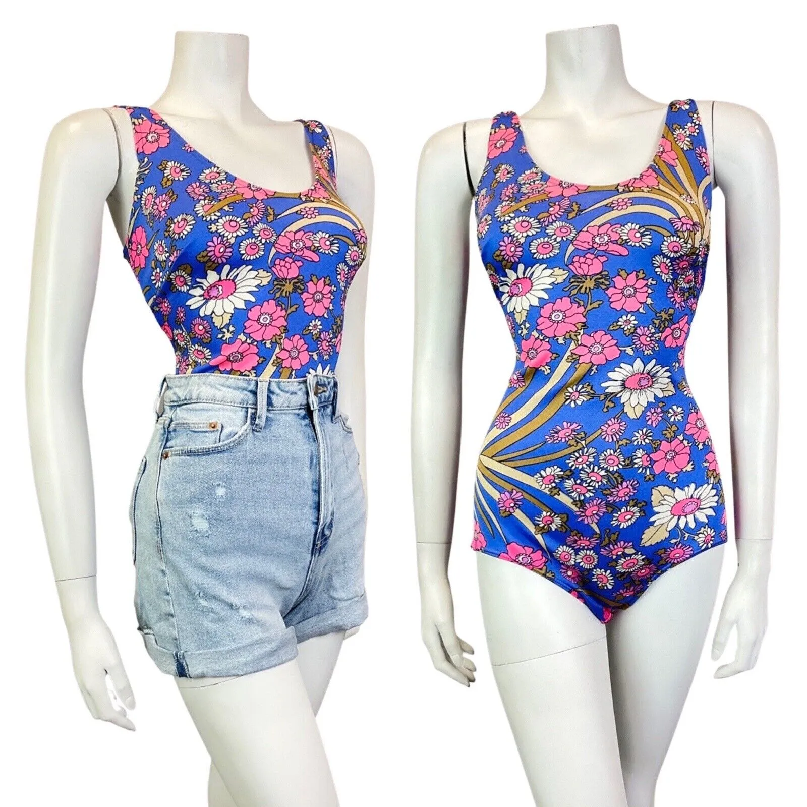 VINTAGE 60s 70s BLUE PINK BEIGE FLORAL DAISY MOD SWIMSUIT BODYSUIT 12 14