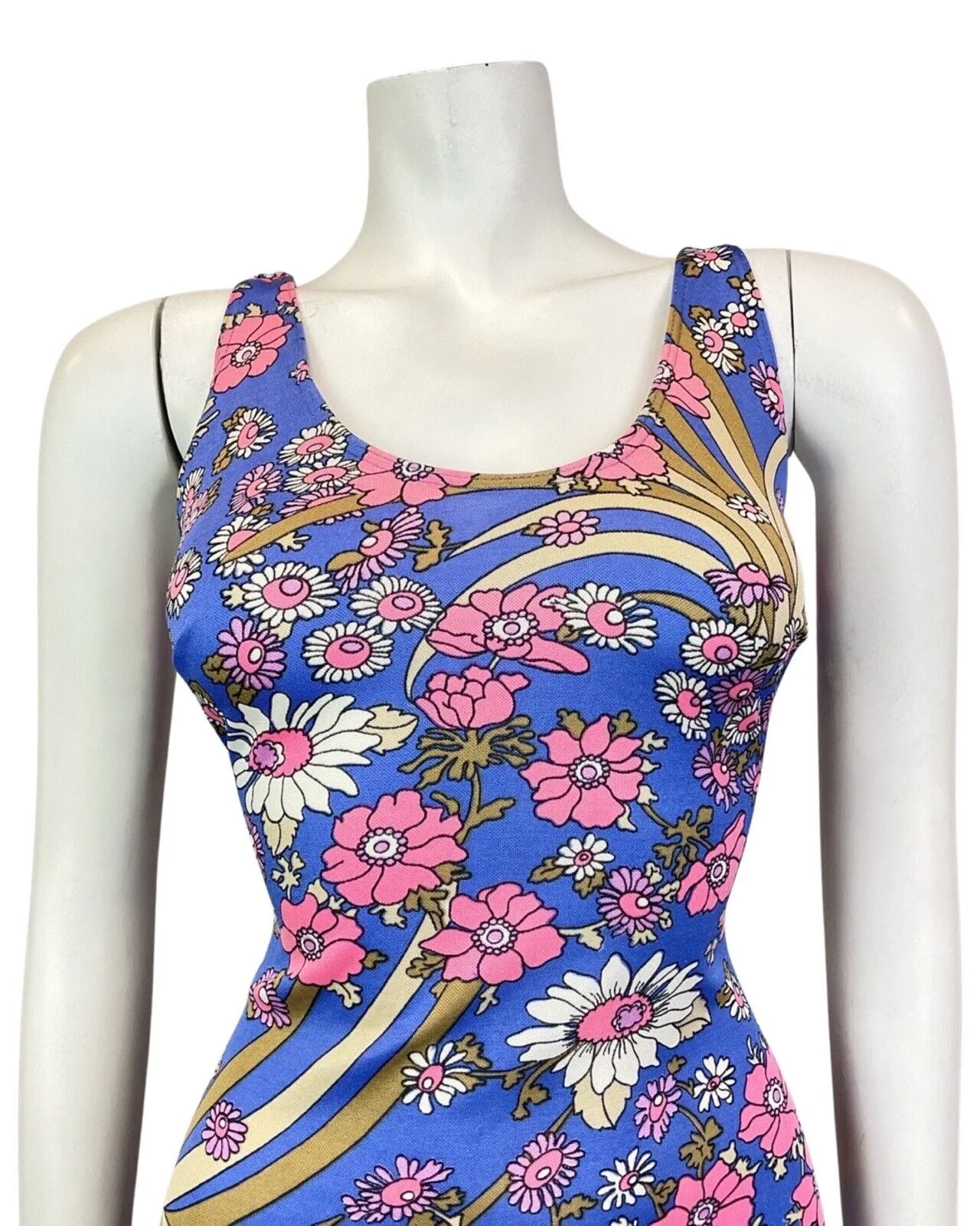 VINTAGE 60s 70s BLUE PINK BEIGE FLORAL DAISY MOD SWIMSUIT BODYSUIT 12 14