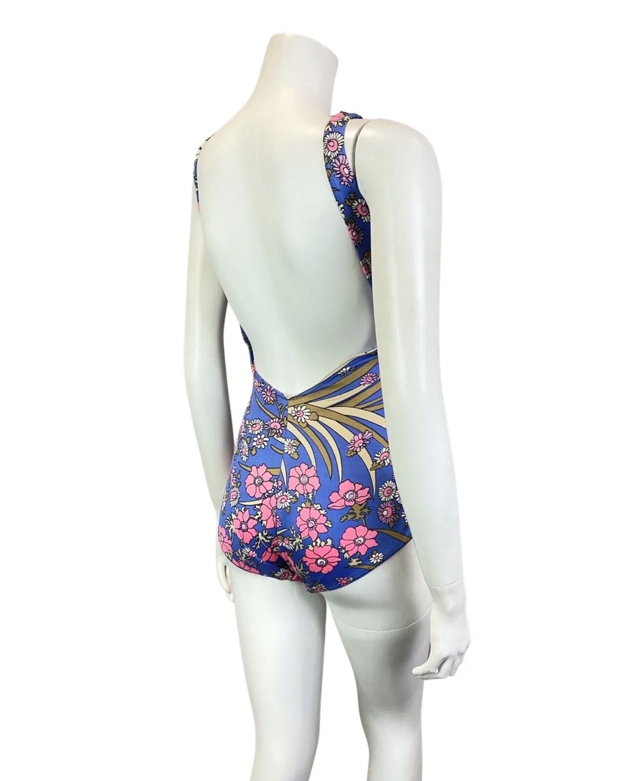 VINTAGE 60s 70s BLUE PINK BEIGE FLORAL DAISY MOD SWIMSUIT BODYSUIT 12 14