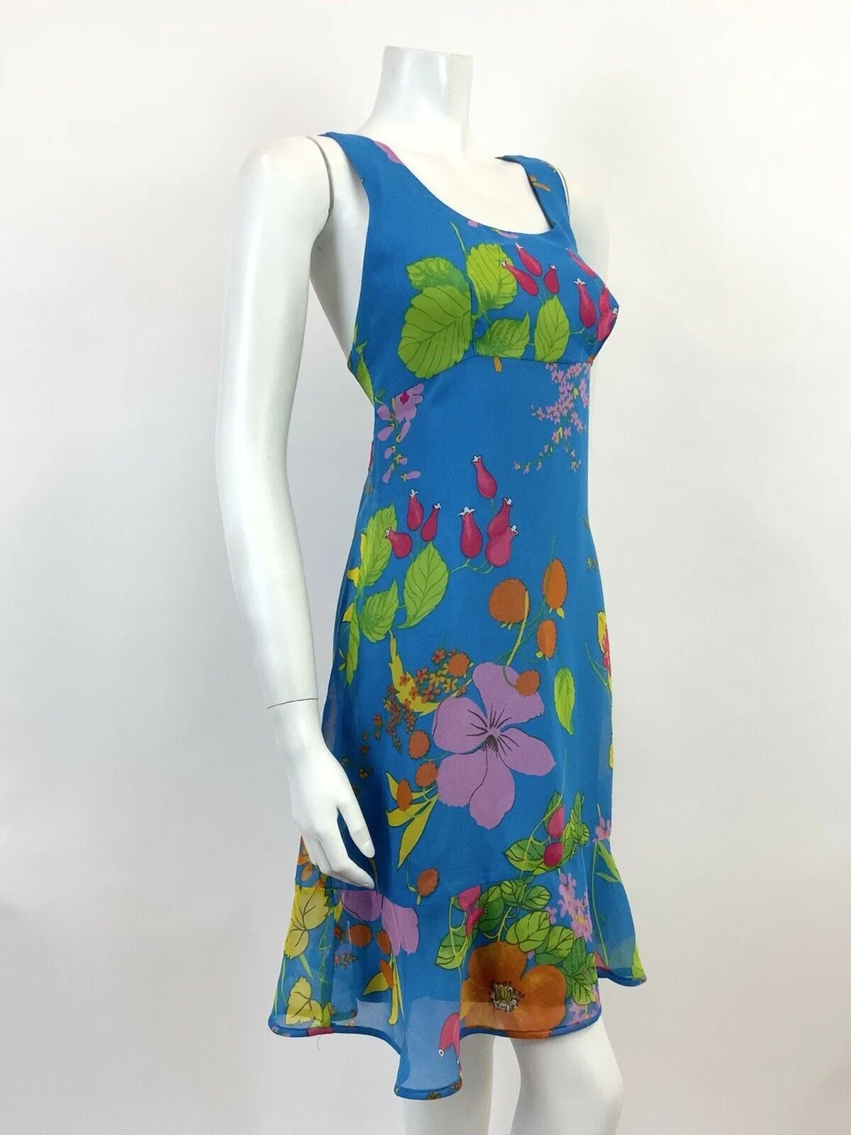 VINTAGE 60s 70s BLUE PINK GREEN FLORAL BERRY EMPIRE FLOATY SLEEVELESS DRESS 10