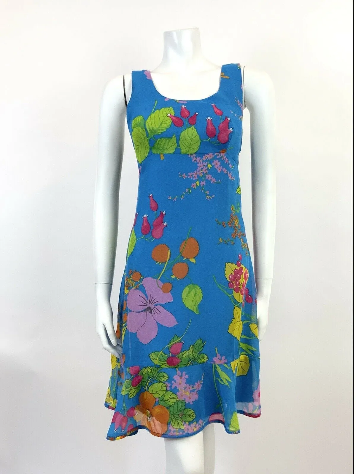 VINTAGE 60s 70s BLUE PINK GREEN FLORAL BERRY EMPIRE FLOATY SLEEVELESS DRESS 10