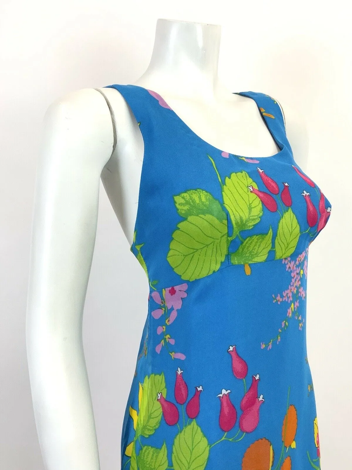 VINTAGE 60s 70s BLUE PINK GREEN FLORAL BERRY EMPIRE FLOATY SLEEVELESS DRESS 10