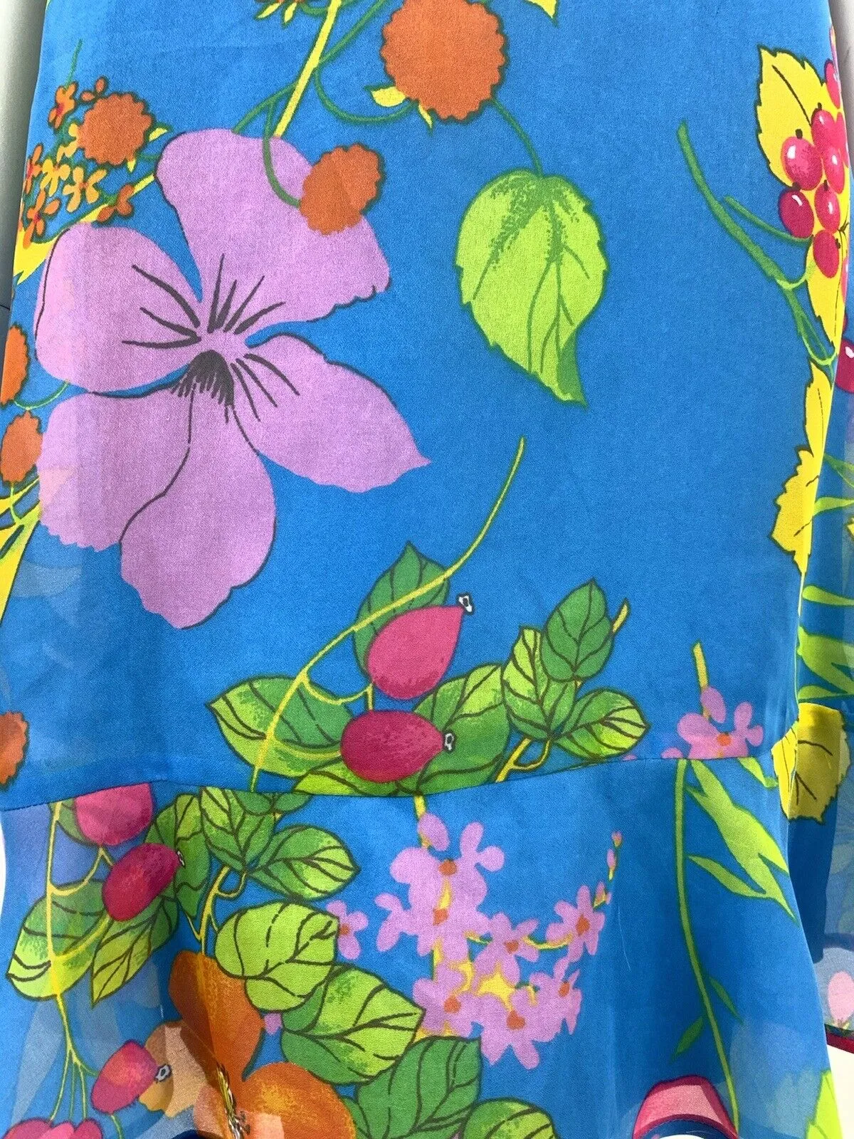 VINTAGE 60s 70s BLUE PINK GREEN FLORAL BERRY EMPIRE FLOATY SLEEVELESS DRESS 10