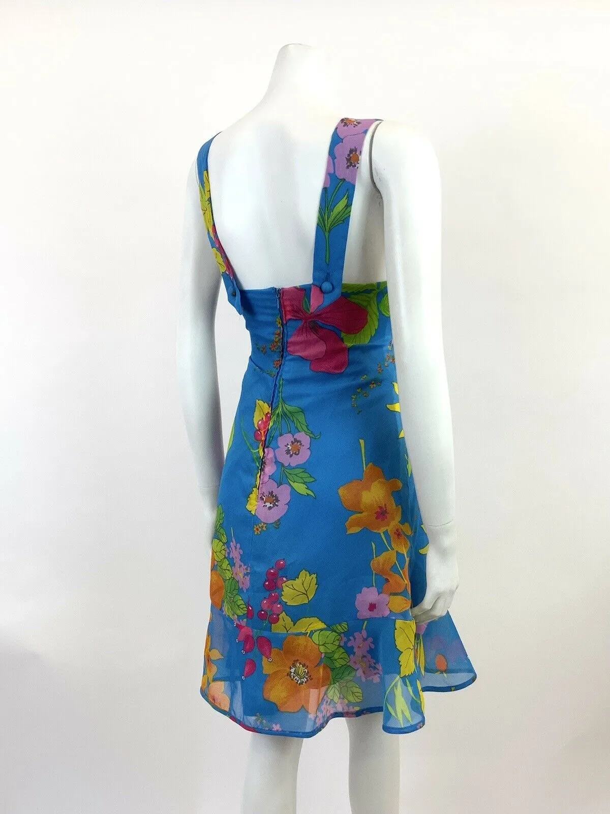 VINTAGE 60s 70s BLUE PINK GREEN FLORAL BERRY EMPIRE FLOATY SLEEVELESS DRESS 10