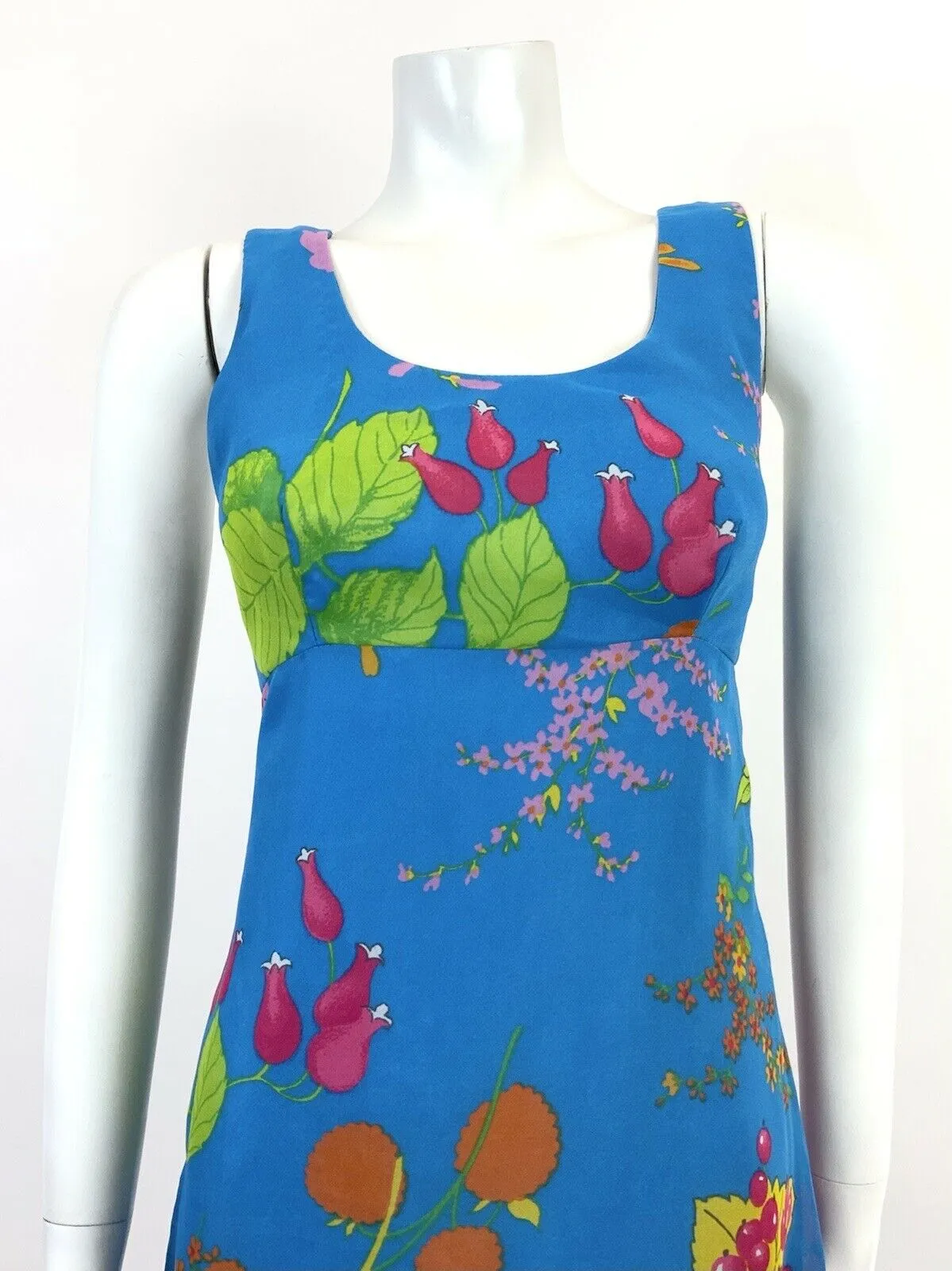 VINTAGE 60s 70s BLUE PINK GREEN FLORAL BERRY EMPIRE FLOATY SLEEVELESS DRESS 10