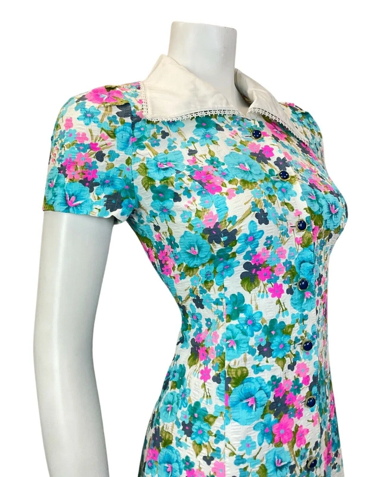 VINTAGE 60s 70s BLUE PINK WHITE FLORAL DITSY WING COLLAR MOD SHORT DRESS 8